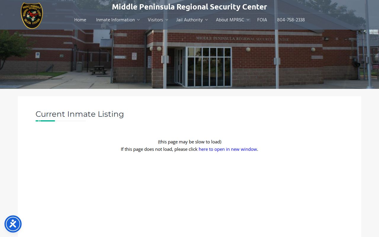 King and Queen County current-custody booking record source at Middle Peninsula Regional Security Center