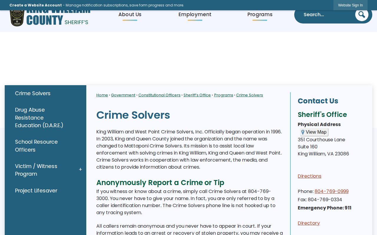 King and Queen County wanted-person safety tip source at Mattaponi Crime Solvers